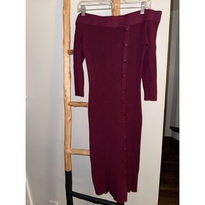 Eva Mendes Women Medium Burgundy Off Shoulder Ribbed Dress Button Front Bodycon